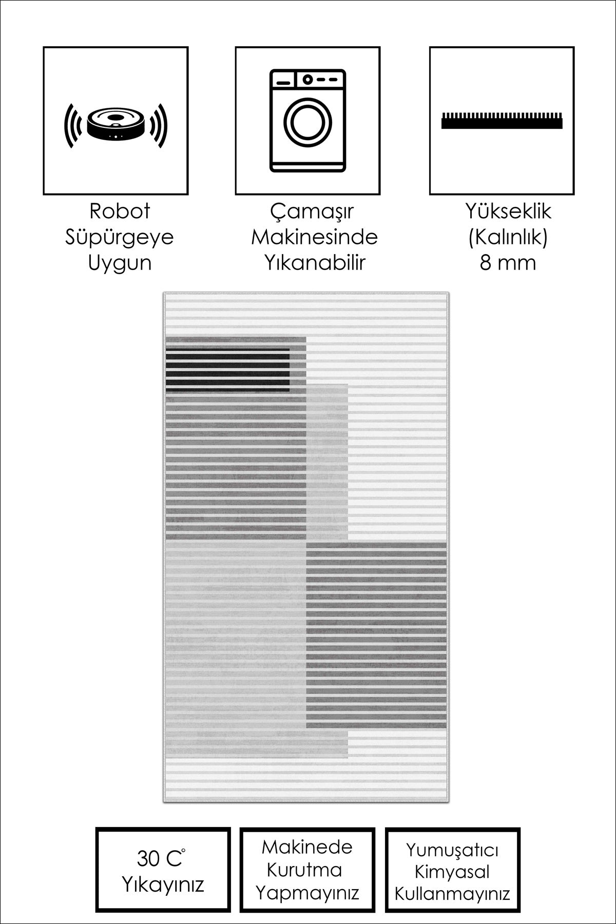 West Home Dijital Baskılı Yıkanabilir Kaymaz Taban Salon, Mutfak ve Yolluk Halısı-601 Grey