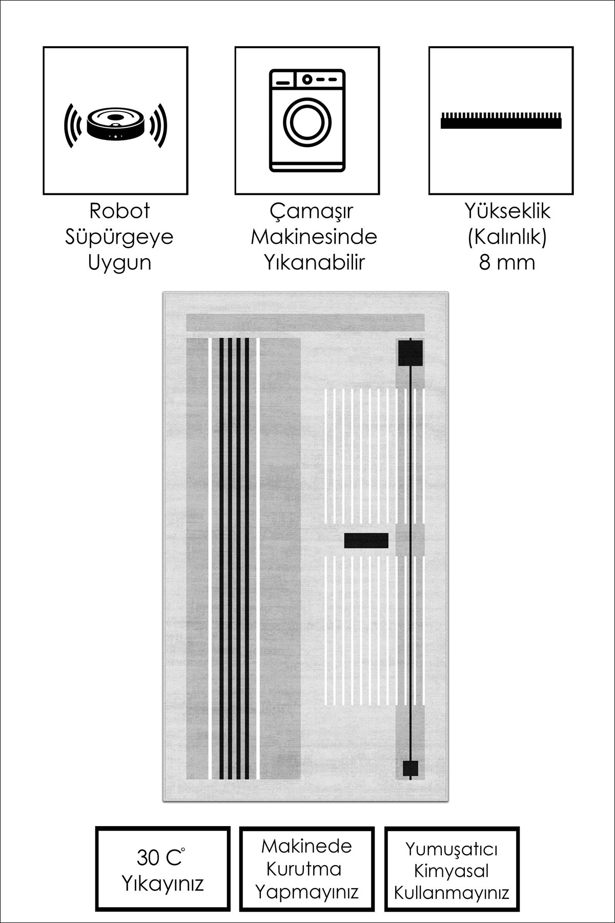 West Home Dijital Baskılı Yıkanabilir Kaymaz Taban Salon, Mutfak ve Yolluk Halısı-602 Grey