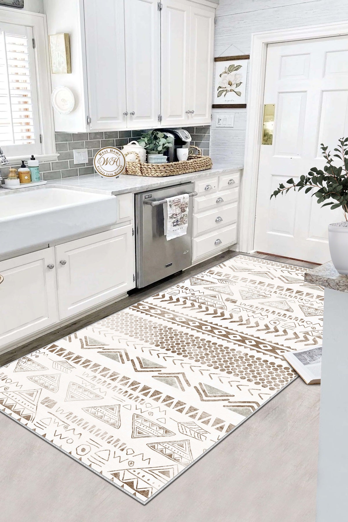 West Home Dijital Baskılı Yıkanabilir Kaymaz Taban Salon, Mutfak ve Yolluk Halısı-604 Beige