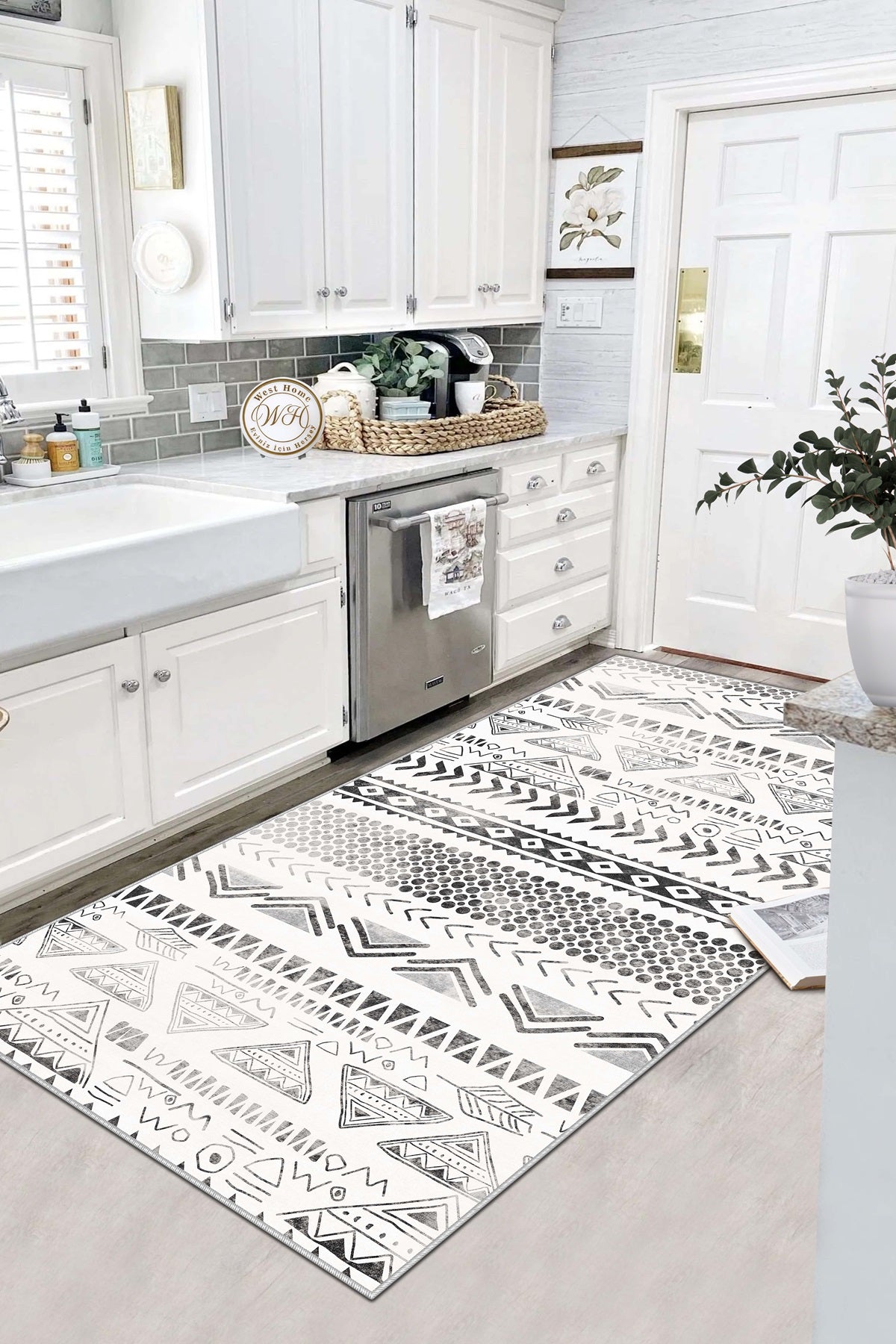 West Home Dijital Baskılı Yıkanabilir Kaymaz Taban Salon, Mutfak ve Yolluk Halısı-604 Black