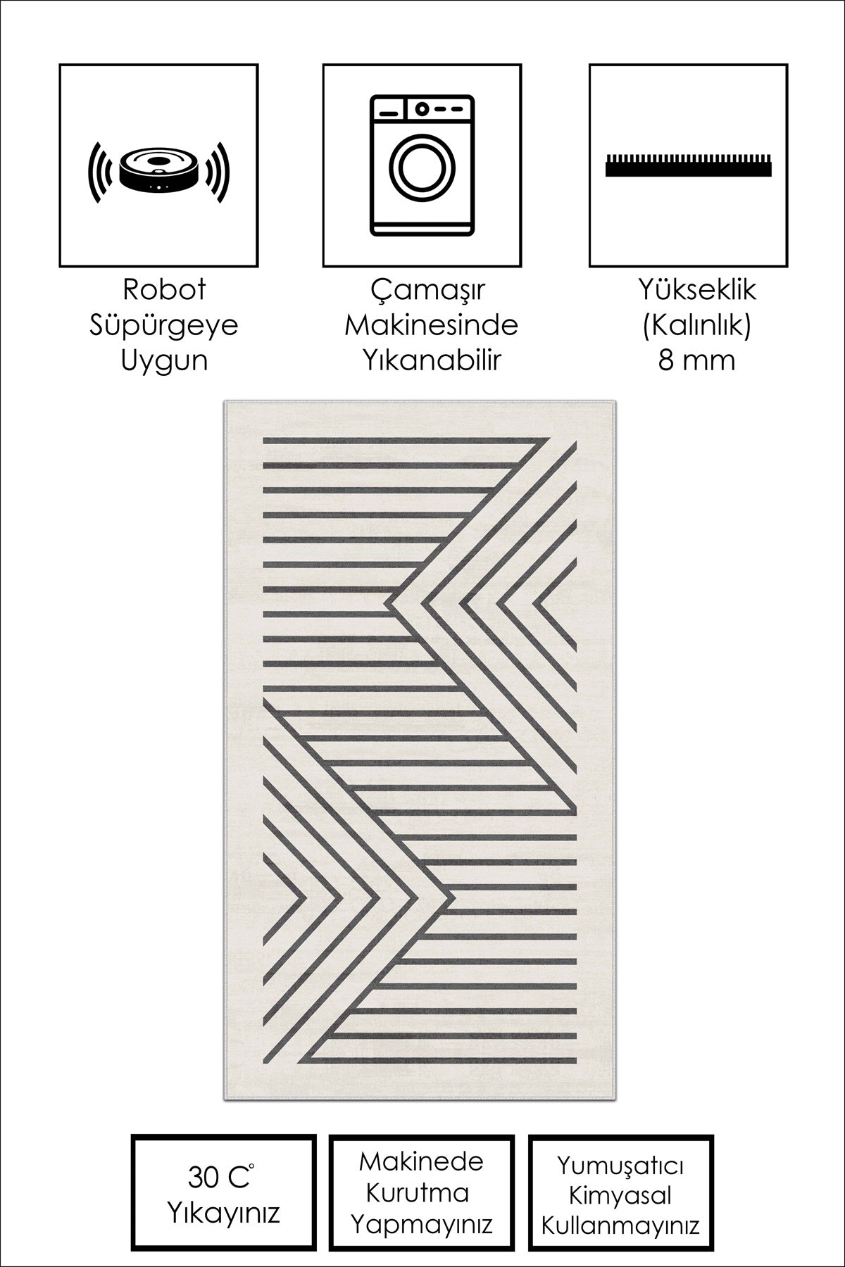 West Home Dijital Baskılı Yıkanabilir Kaymaz Taban Salon, Mutfak ve Yolluk Halısı-605 White