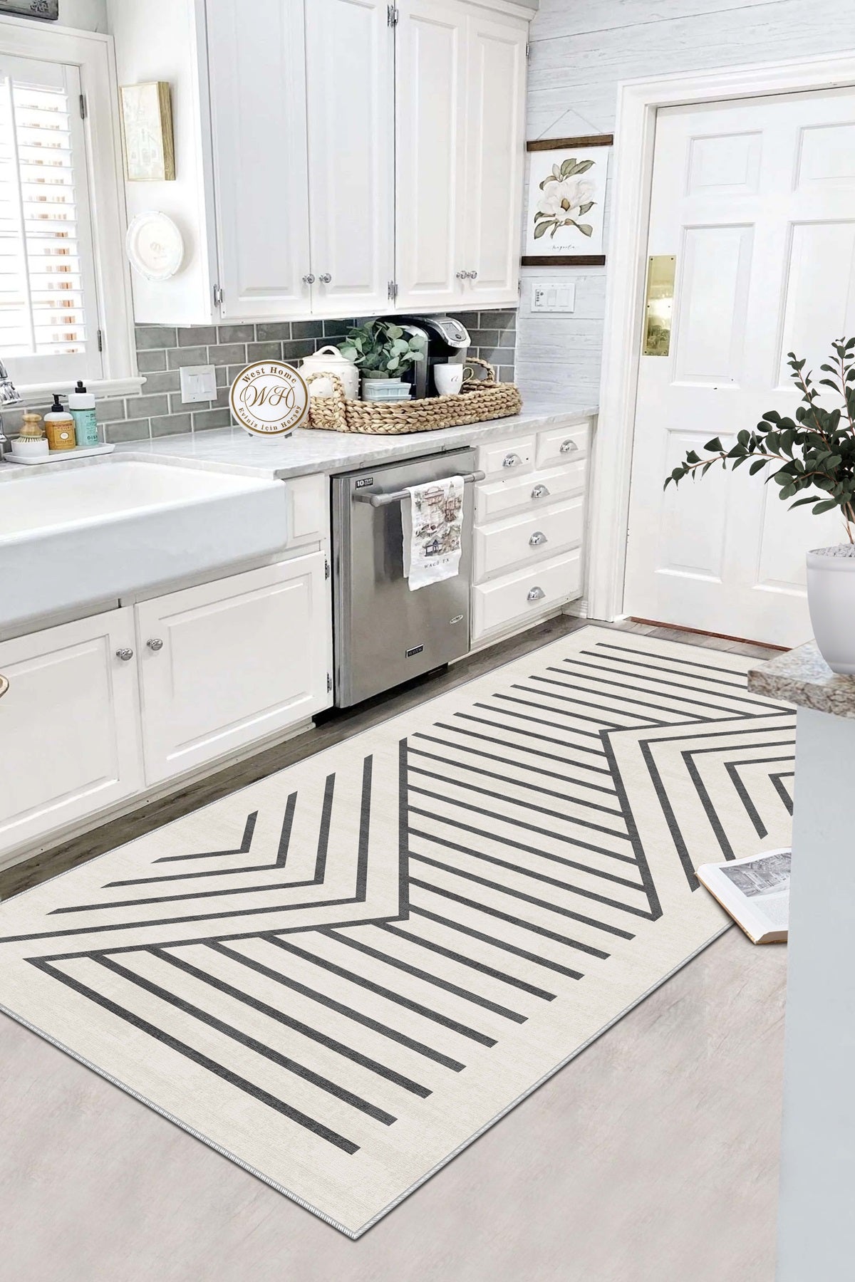 West Home Dijital Baskılı Yıkanabilir Kaymaz Taban Salon, Mutfak ve Yolluk Halısı-605 White
