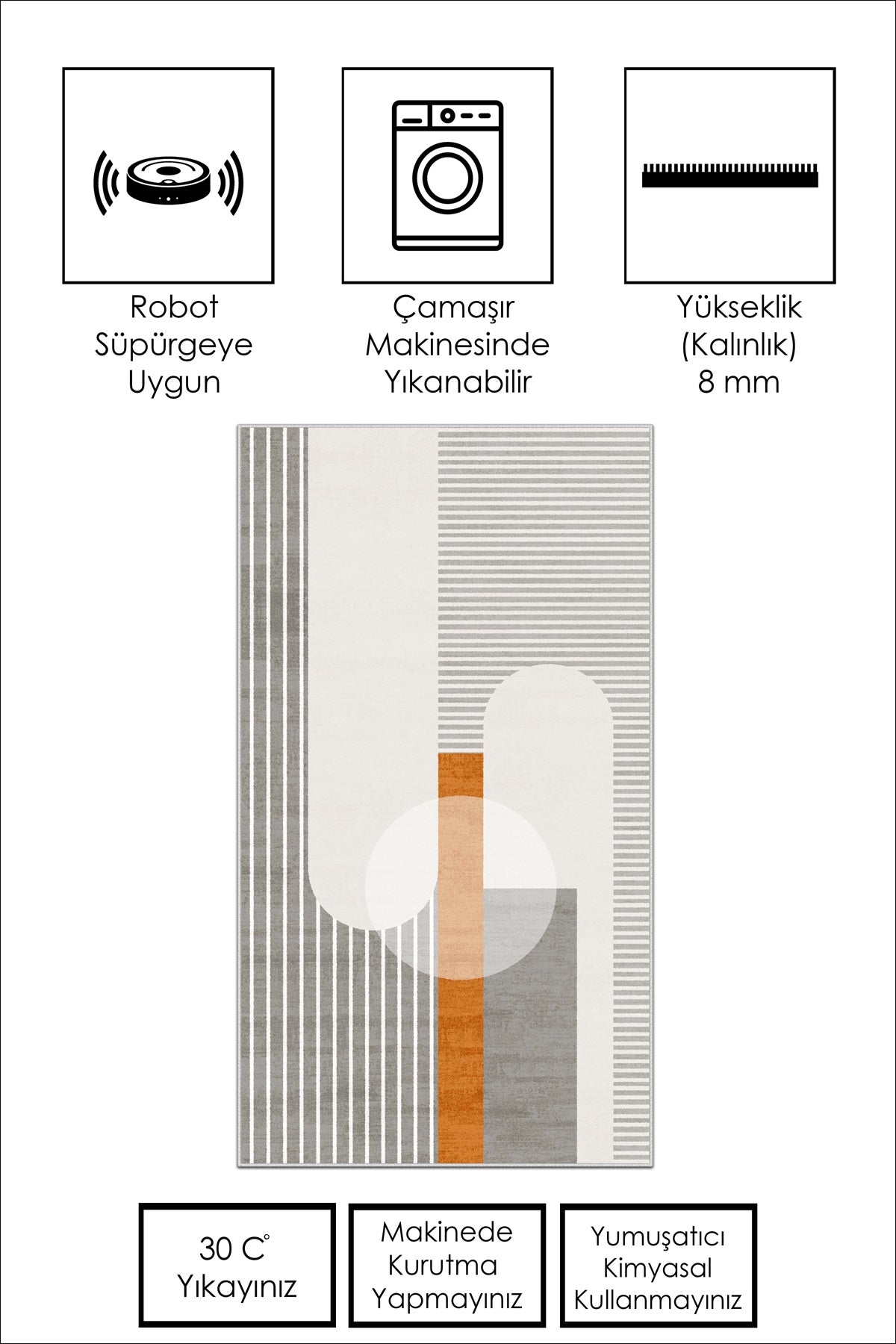 West Home Dijital Baskılı Yıkanabilir Kaymaz Taban Salon, Mutfak ve Yolluk Halısı-608 Grey