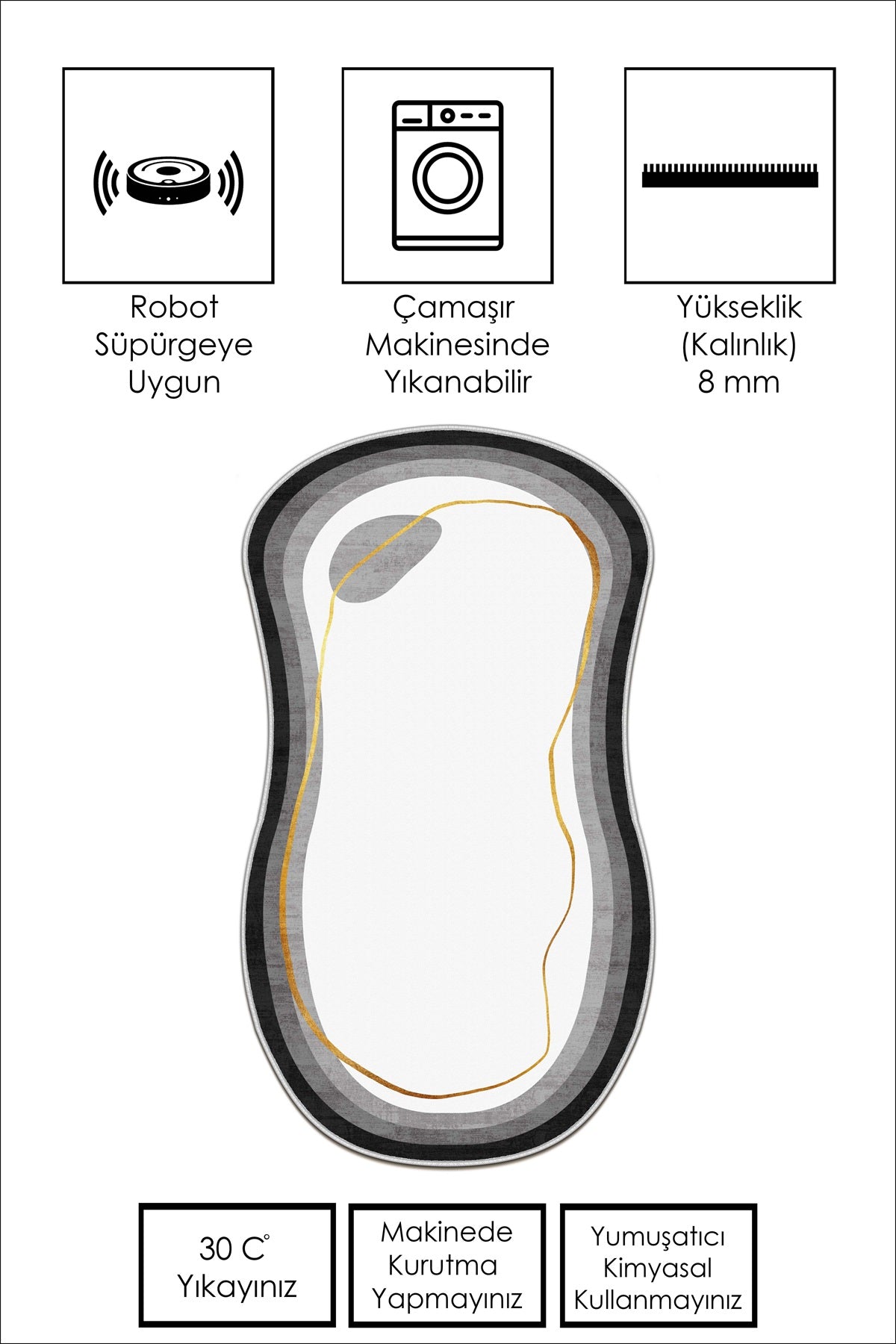 West Home Dijital Baskılı Yıkanabilir Kaymaz Taban Salon, Mutfak ve Yolluk Halısı-609 White