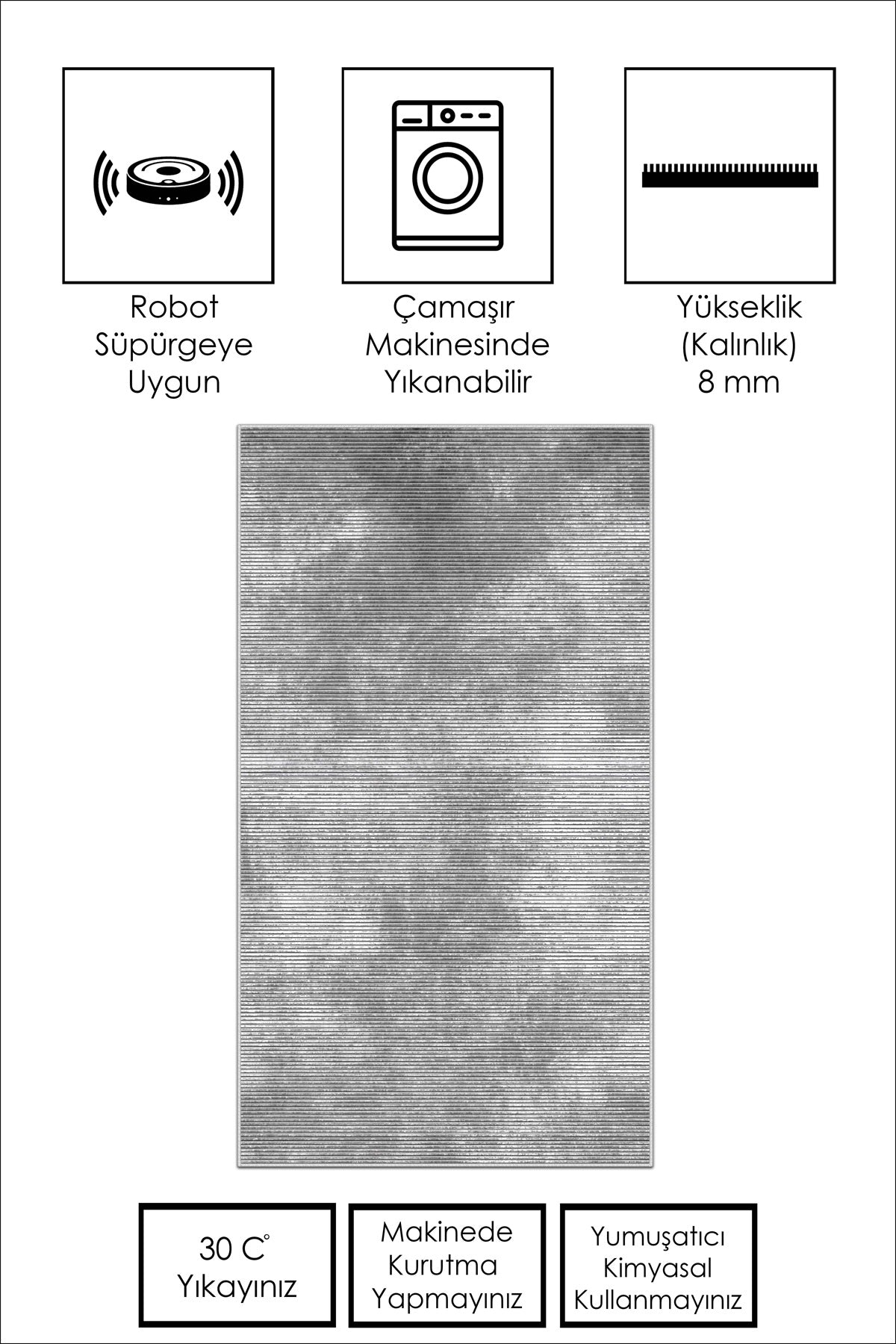 West Home Dijital Baskılı Yıkanabilir Kaymaz Taban Salon, Mutfak ve Yolluk Halısı-610 Grey