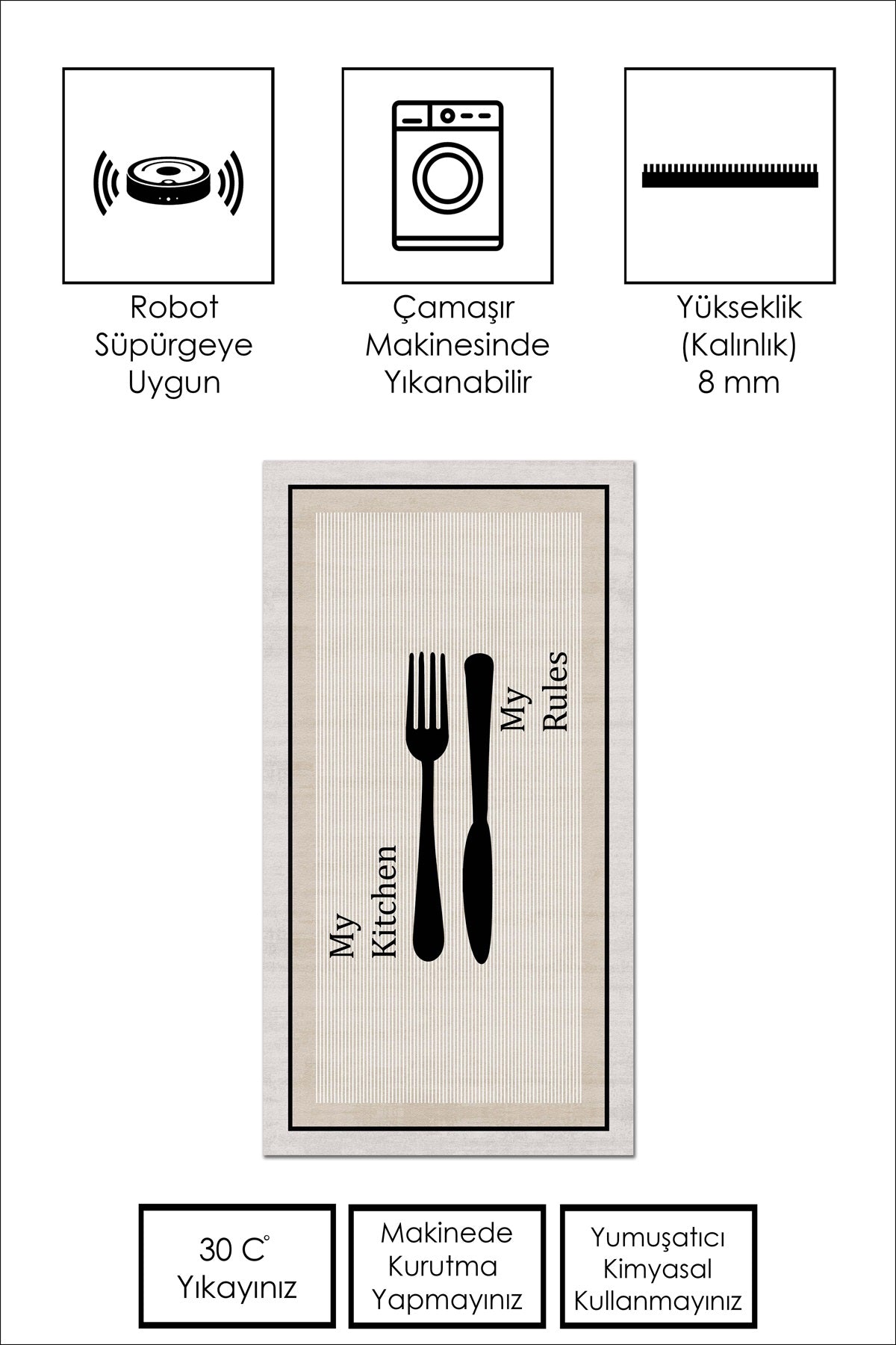 West Home Dijital Baskılı Yıkanabilir Kaymaz Taban Mutfak Halısı-611 Beige