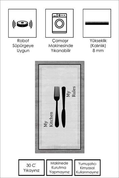 West Home Dijital Baskılı Yıkanabilir Kaymaz Taban Mutfak Halısı-611 Grey
