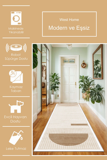 West Home Dijital Baskılı Yıkanabilir Kaymaz Taban Salon, Mutfak ve Yolluk Halısı-612 Beige