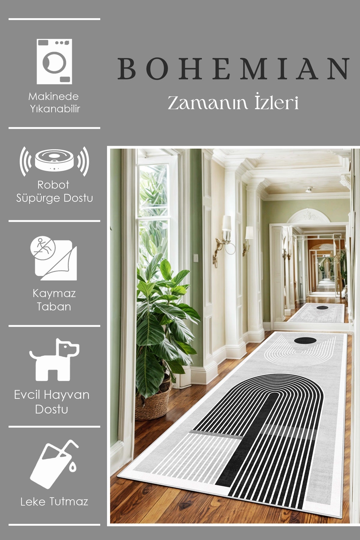 West Home Dijital Baskılı Yıkanabilir Kaymaz Taban Salon, Mutfak ve Yolluk Halısı-613 Grey