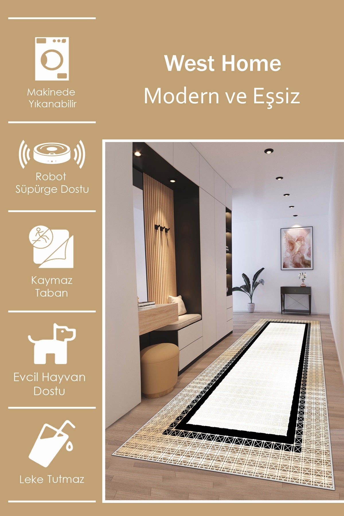 West Home Dijital Baskılı Yıkanabilir Kaymaz Taban Salon, Mutfak ve Yolluk Halısı-618 Beige