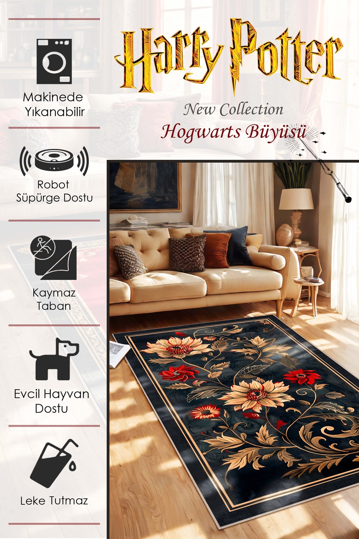 West Home Dijital Baskılı Yıkanabilir Kaymaz Taban Salon, Mutfak ve Yolluk Halısı-622 Anthratice