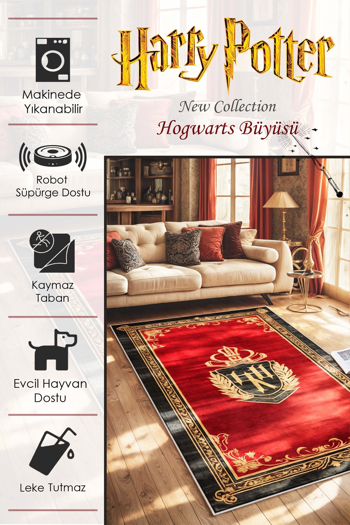 West Home Dijital Baskılı Yıkanabilir Kaymaz Taban Salon, Mutfak ve Yolluk Halısı-627 Red