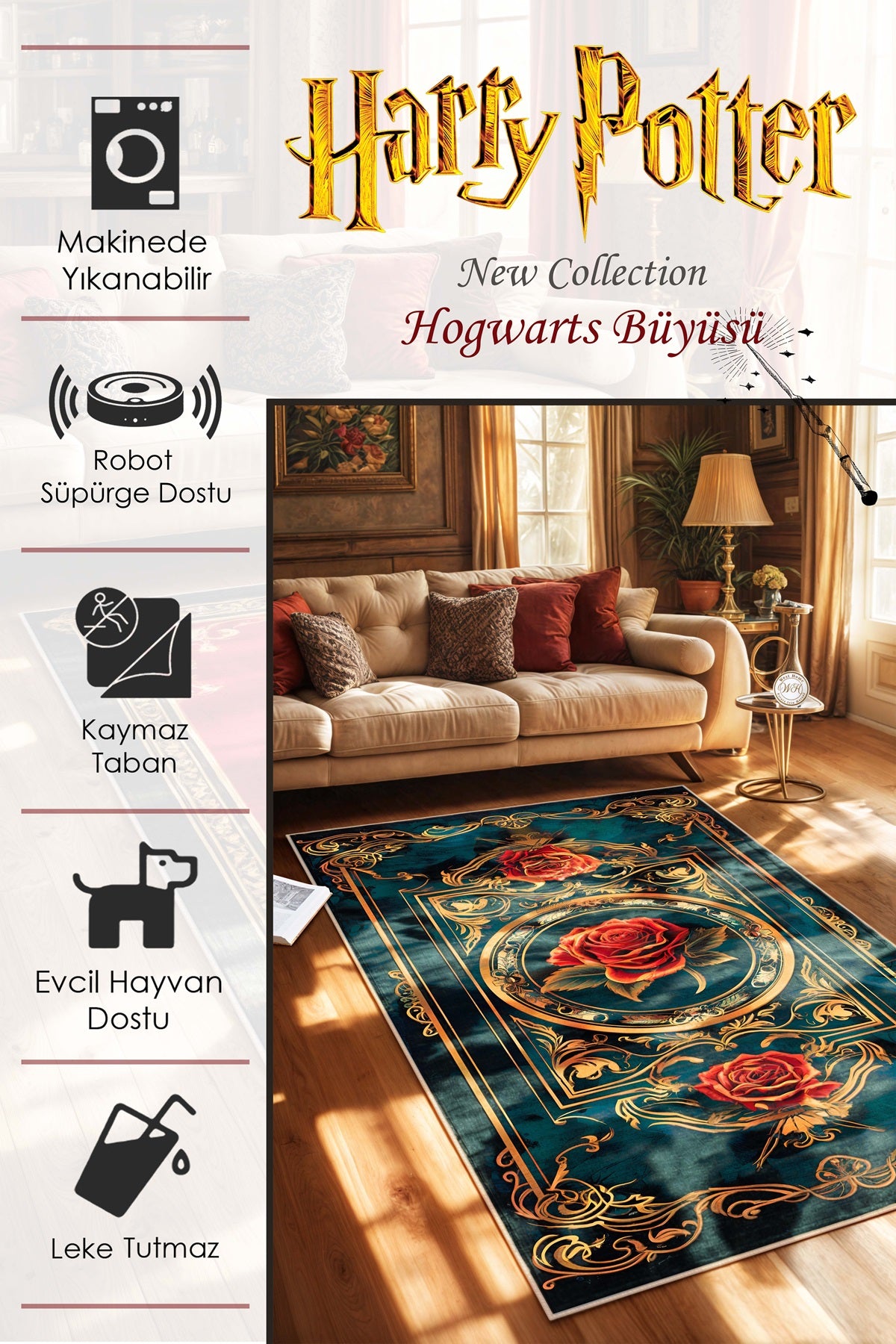 West Home Dijital Baskılı Yıkanabilir Kaymaz Taban Salon, Mutfak ve Yolluk Halısı-629 Green