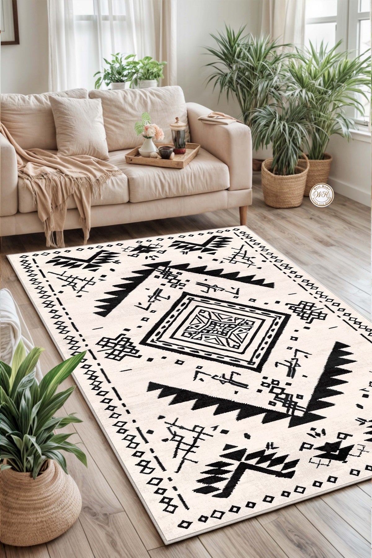 West Home Dijital Baskılı Yıkanabilir Kaymaz Taban Salon, Mutfak ve Yolluk Halısı-631 White