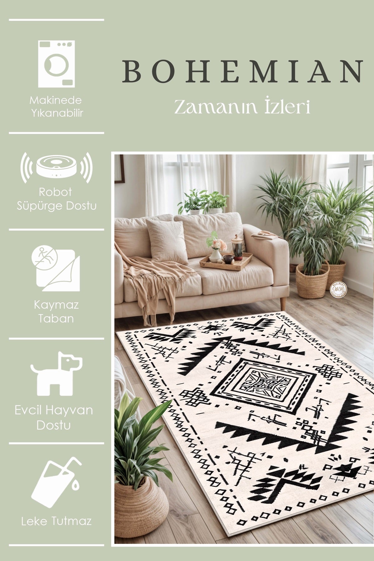 West Home Dijital Baskılı Yıkanabilir Kaymaz Taban Salon, Mutfak ve Yolluk Halısı-631 White