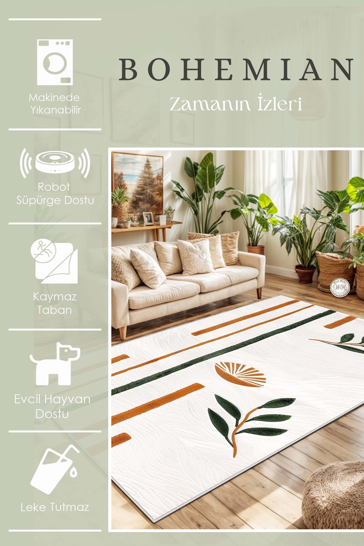 West Home Dijital Baskılı Yıkanabilir Kaymaz Taban Salon, Mutfak ve Yolluk Halısı-632 White
