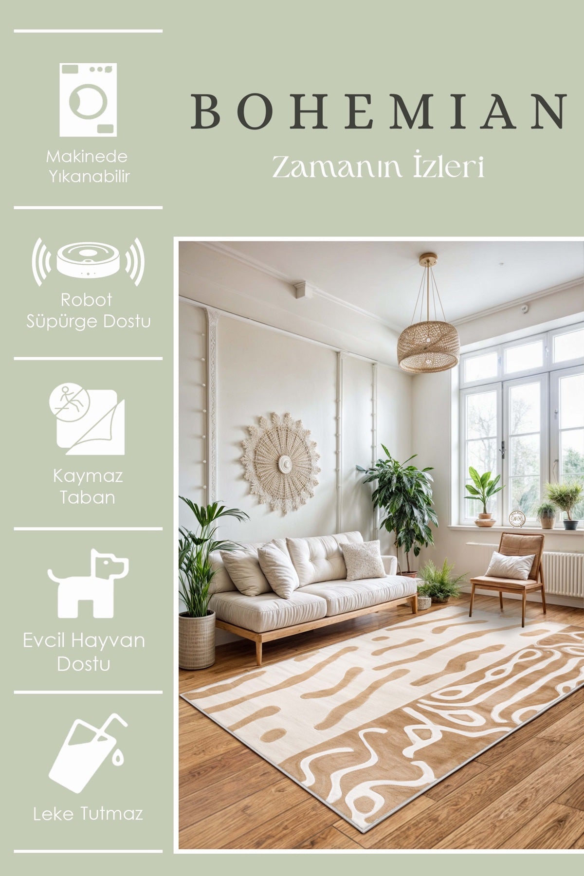 West Home Dijital Baskılı Yıkanabilir Kaymaz Taban Salon, Mutfak ve Yolluk Halısı-633 Beige