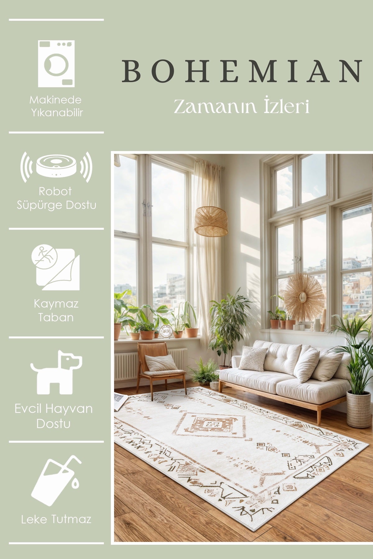 West Home Dijital Baskılı Yıkanabilir Kaymaz Taban Salon, Mutfak ve Yolluk Halısı-635 White