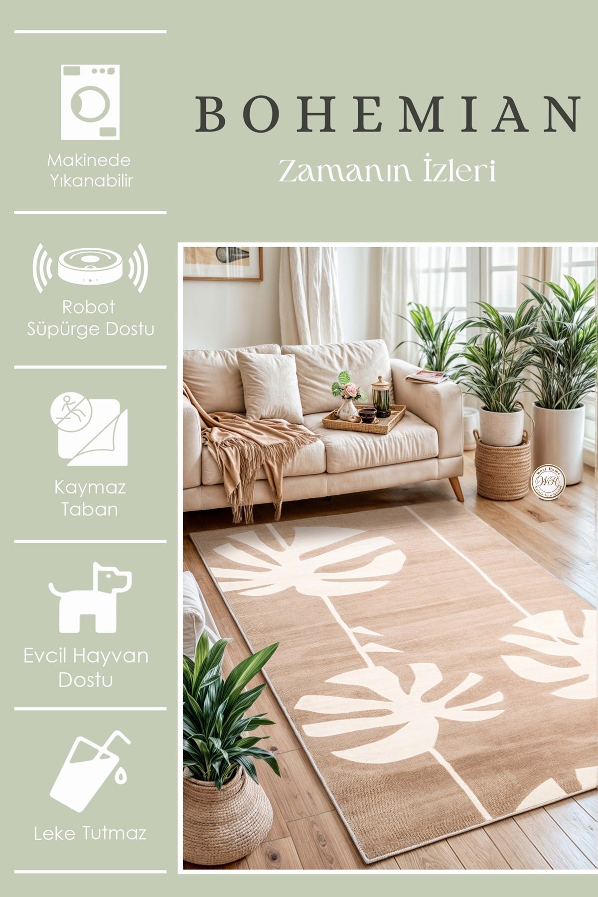 West Home Dijital Baskılı Yıkanabilir Kaymaz Taban Salon, Mutfak ve Yolluk Halısı-638 Beige