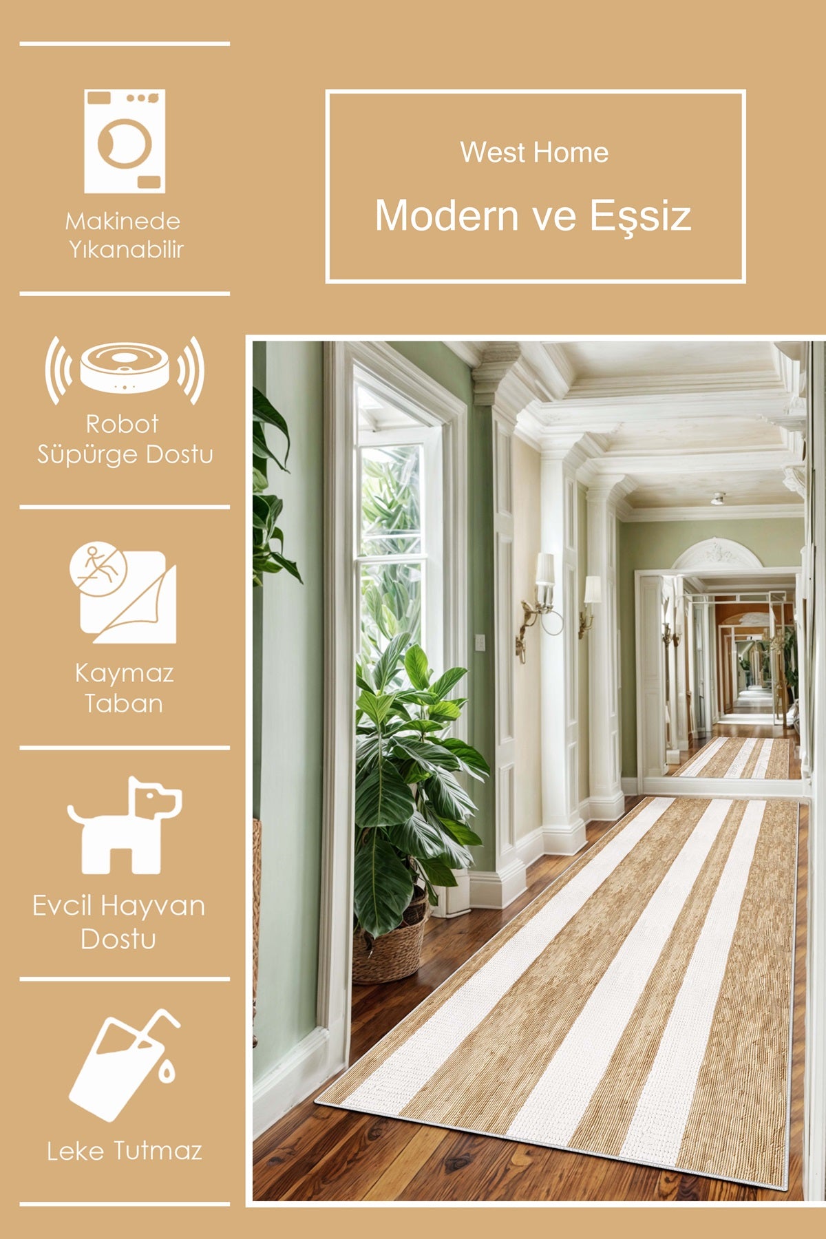 West Home Dijital Baskılı Yıkanabilir Kaymaz Taban Salon, Mutfak ve Yolluk Halısı-640 Beige