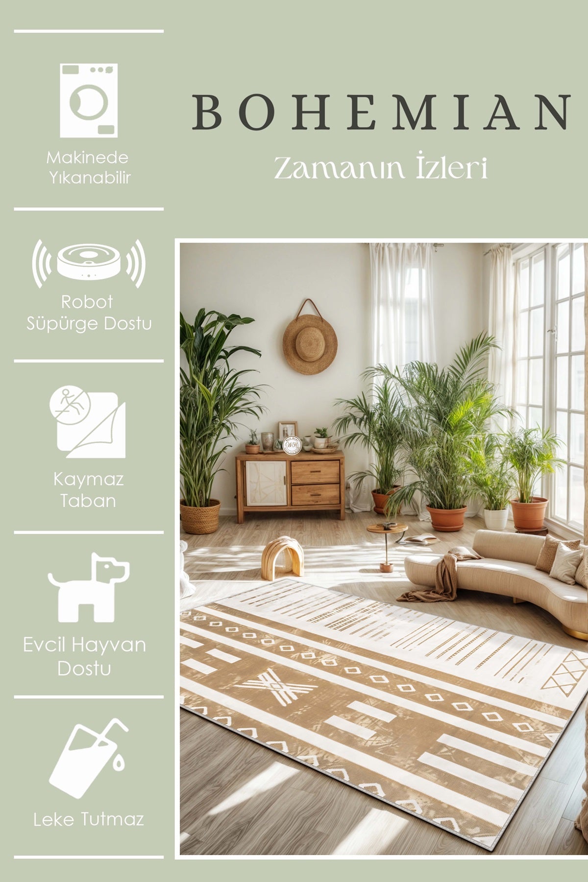 West Home Dijital Baskılı Yıkanabilir Kaymaz Taban Salon, Mutfak ve Yolluk Halısı-641 Beige