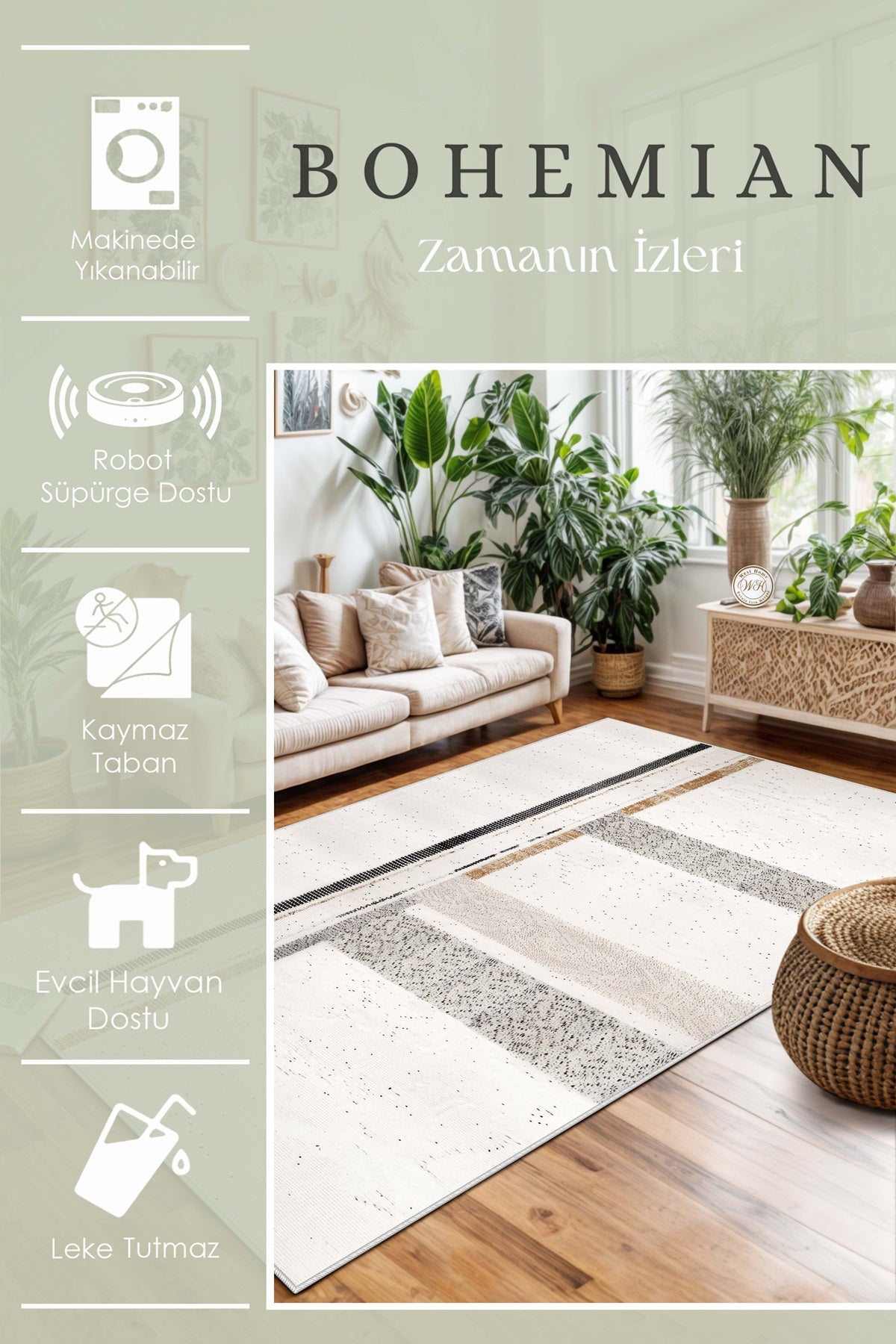 West Home Dijital Baskılı Yıkanabilir Kaymaz Taban Salon, Mutfak ve Yolluk Halısı-642 White