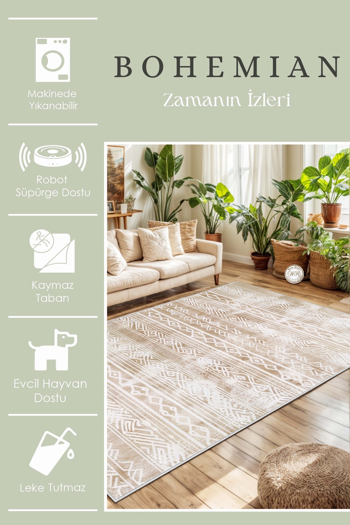 West Home Dijital Baskılı Yıkanabilir Kaymaz Taban Salon, Mutfak ve Yolluk Halısı-644 Beige