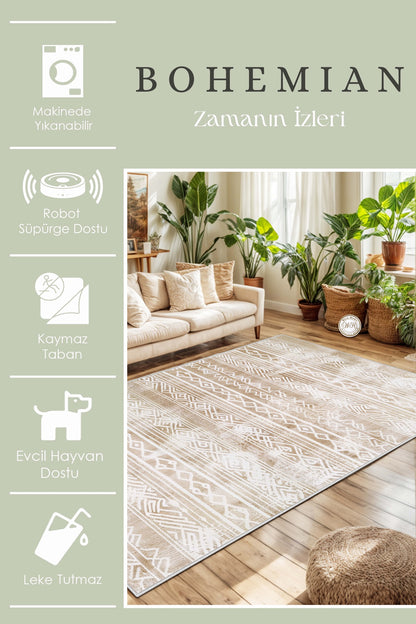 West Home Dijital Baskılı Yıkanabilir Kaymaz Taban Salon, Mutfak ve Yolluk Halısı-644 Beige