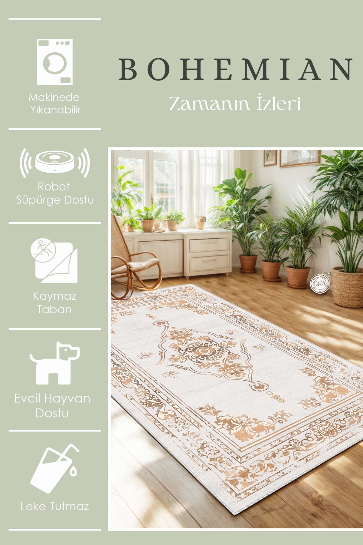 West Home Dijital Baskılı Yıkanabilir Kaymaz Taban Salon, Mutfak ve Yolluk Halısı-646 Beige