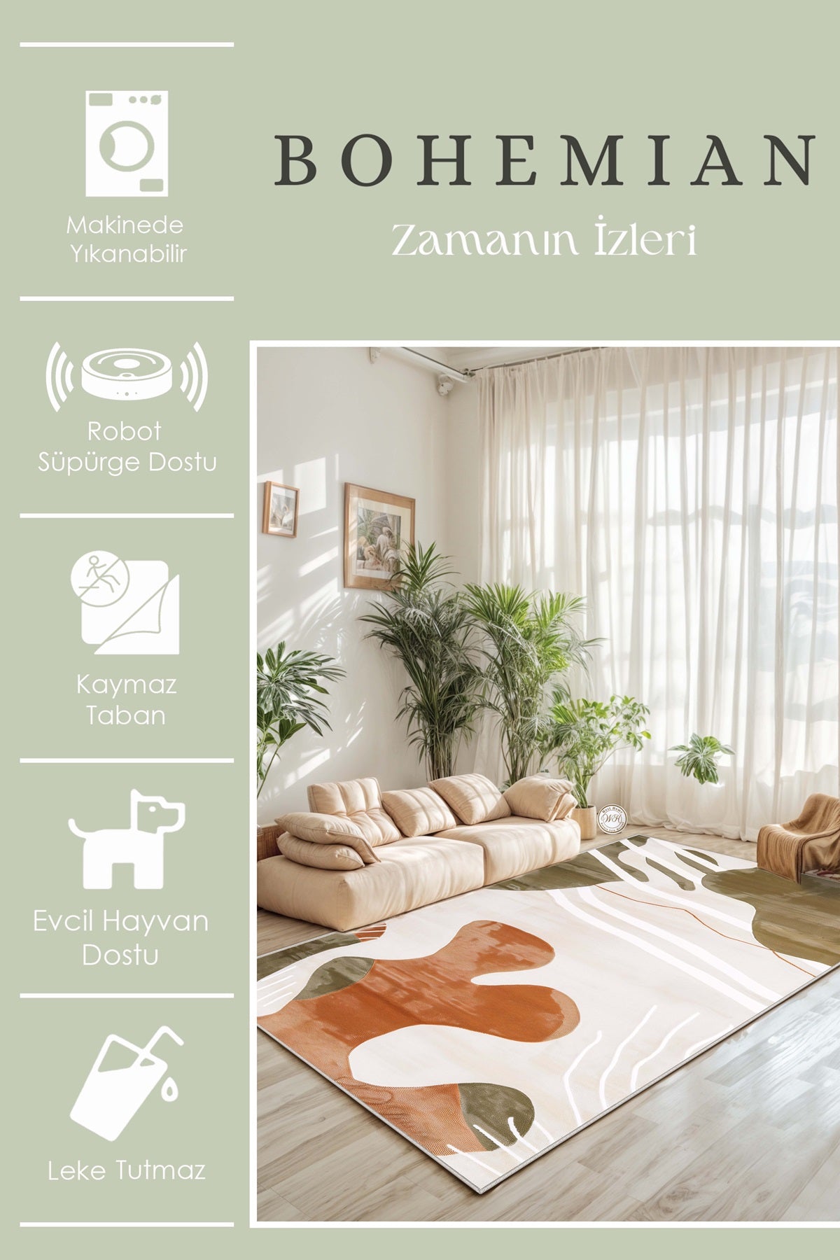 West Home Dijital Baskılı Yıkanabilir Kaymaz Taban Salon, Mutfak ve Yolluk Halısı-647 Green