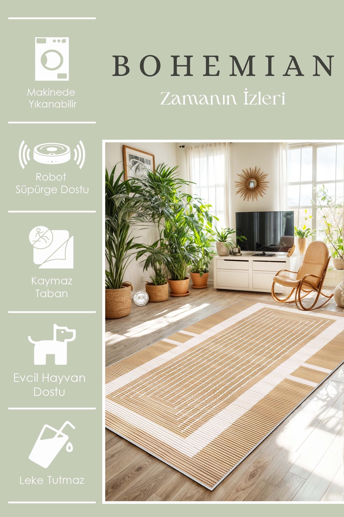 West Home Dijital Baskılı Yıkanabilir Kaymaz Taban Salon, Mutfak ve Yolluk Halısı-648 Beige
