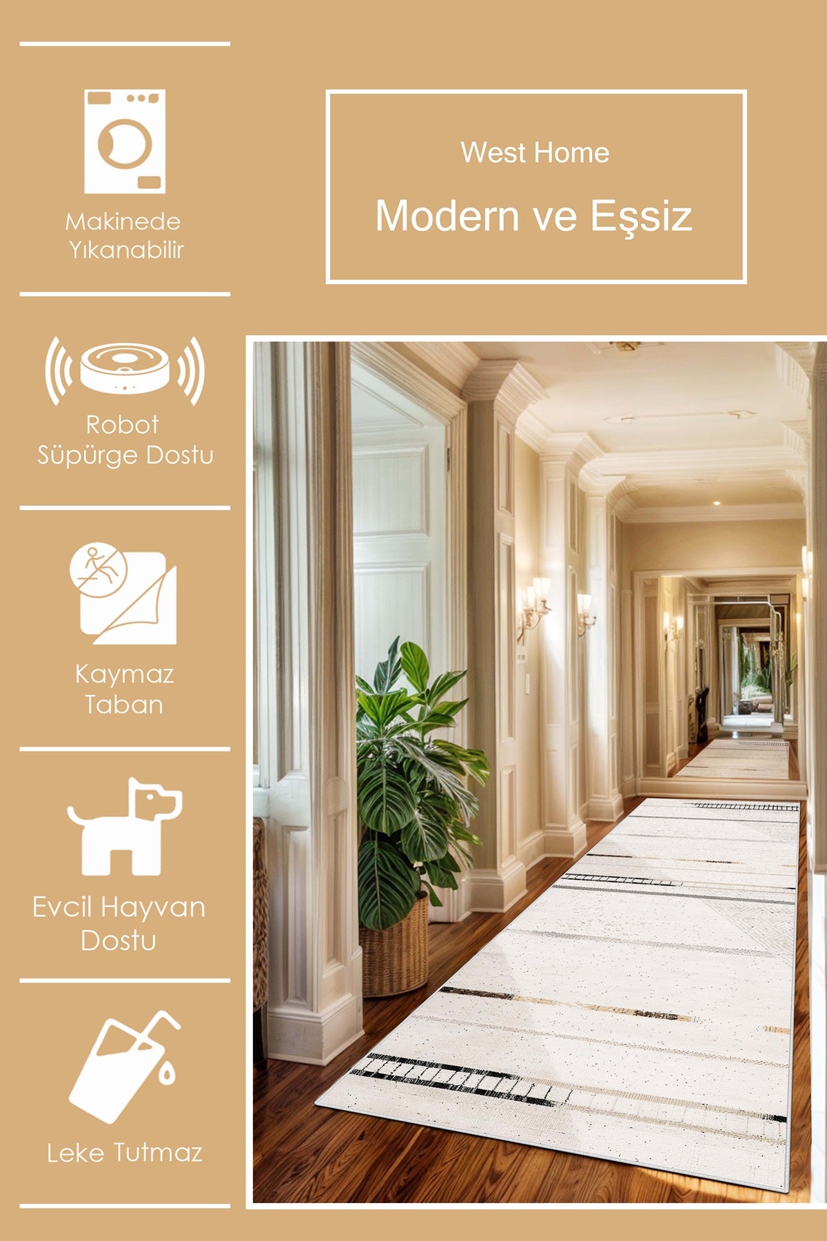 West Home Dijital Baskılı Yıkanabilir Kaymaz Taban Salon, Mutfak ve Yolluk Halısı-650 White