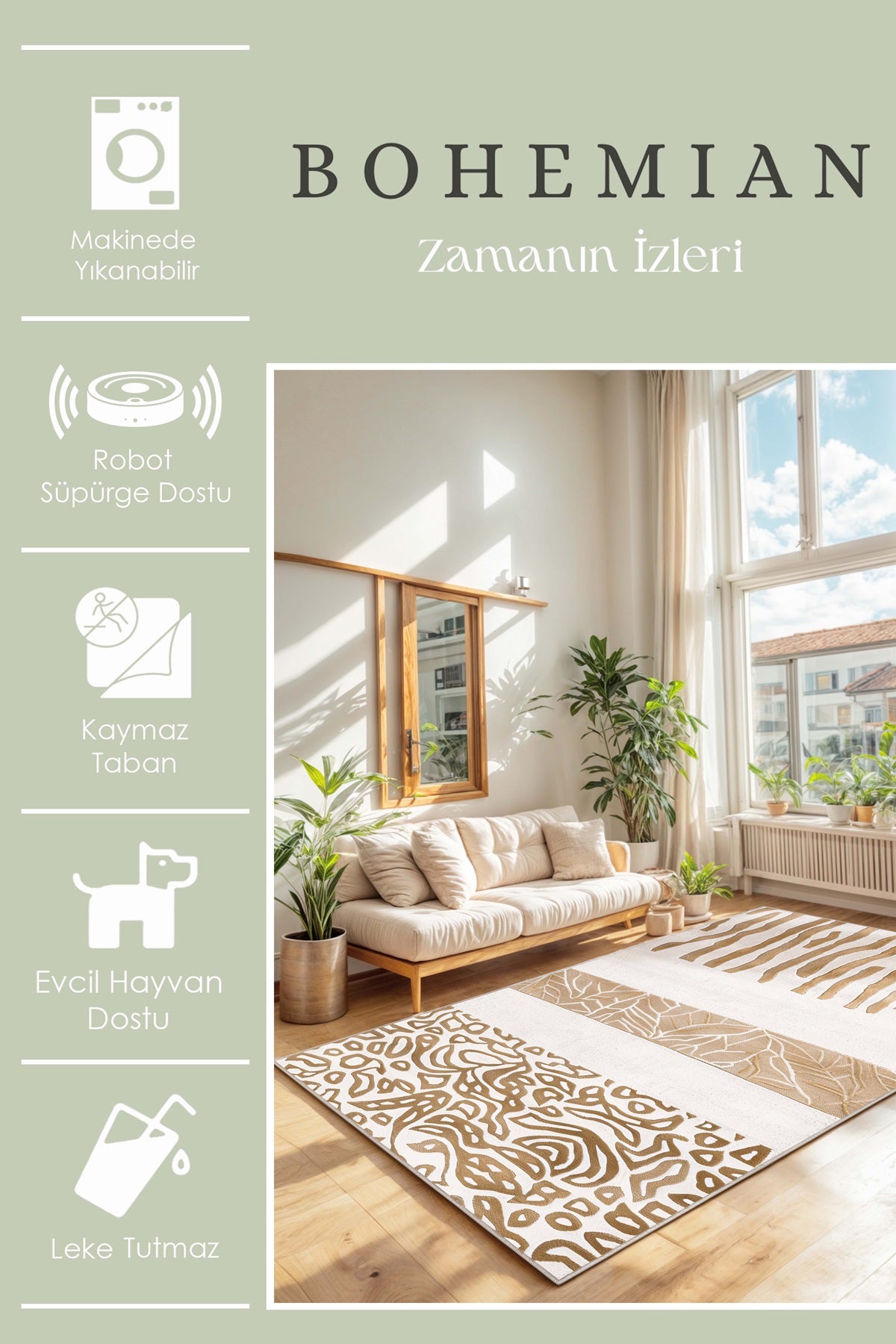 West Home Dijital Baskılı Yıkanabilir Kaymaz Taban Salon, Mutfak ve Yolluk Halısı-652 Beige