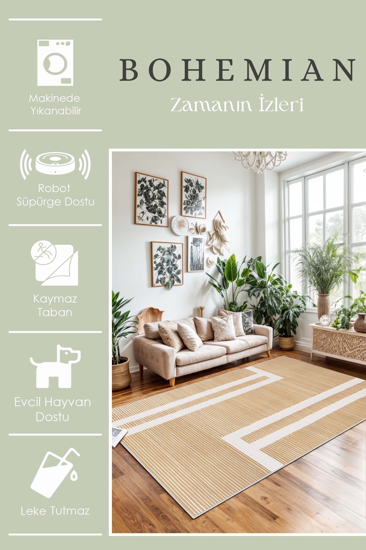 West Home Dijital Baskılı Yıkanabilir Kaymaz Taban Salon, Mutfak ve Yolluk Halısı-653 Beige