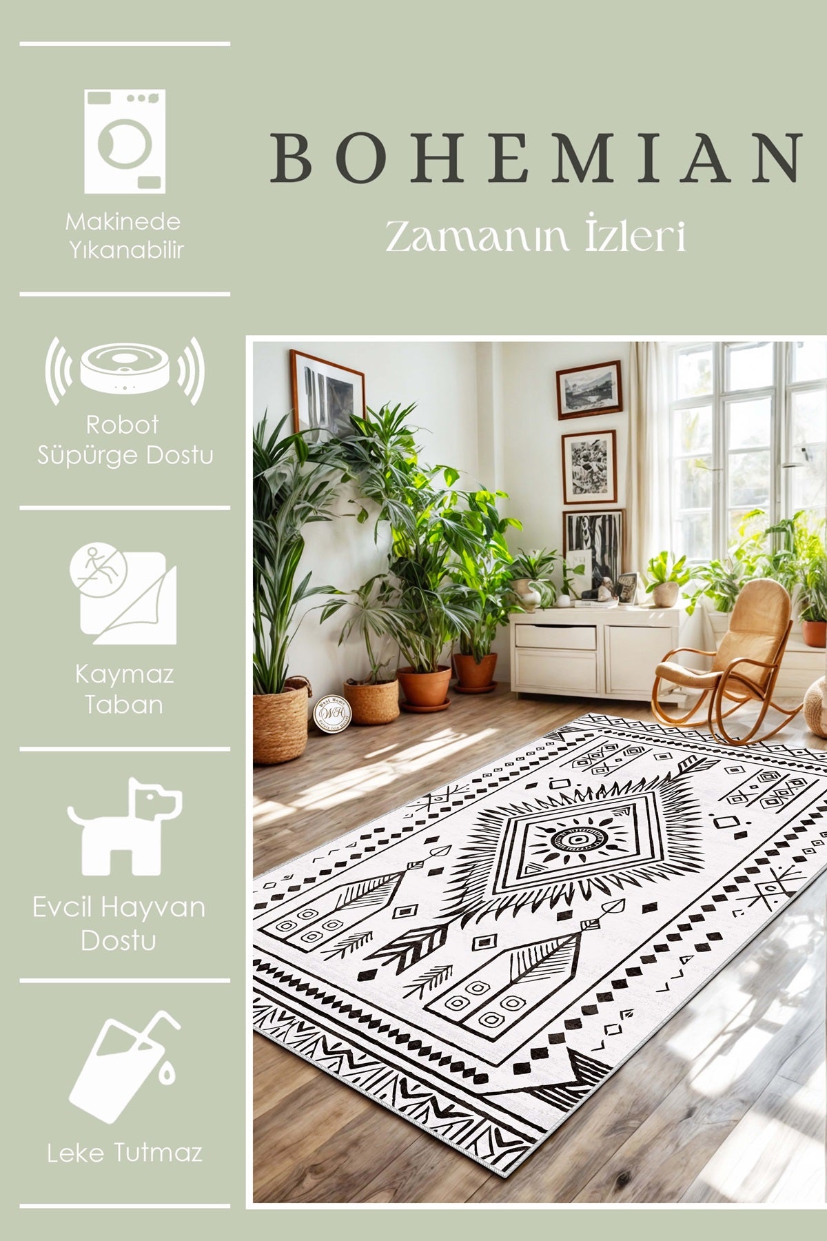 West Home Dijital Baskılı Yıkanabilir Kaymaz Taban Salon, Mutfak ve Yolluk Halısı-654 White
