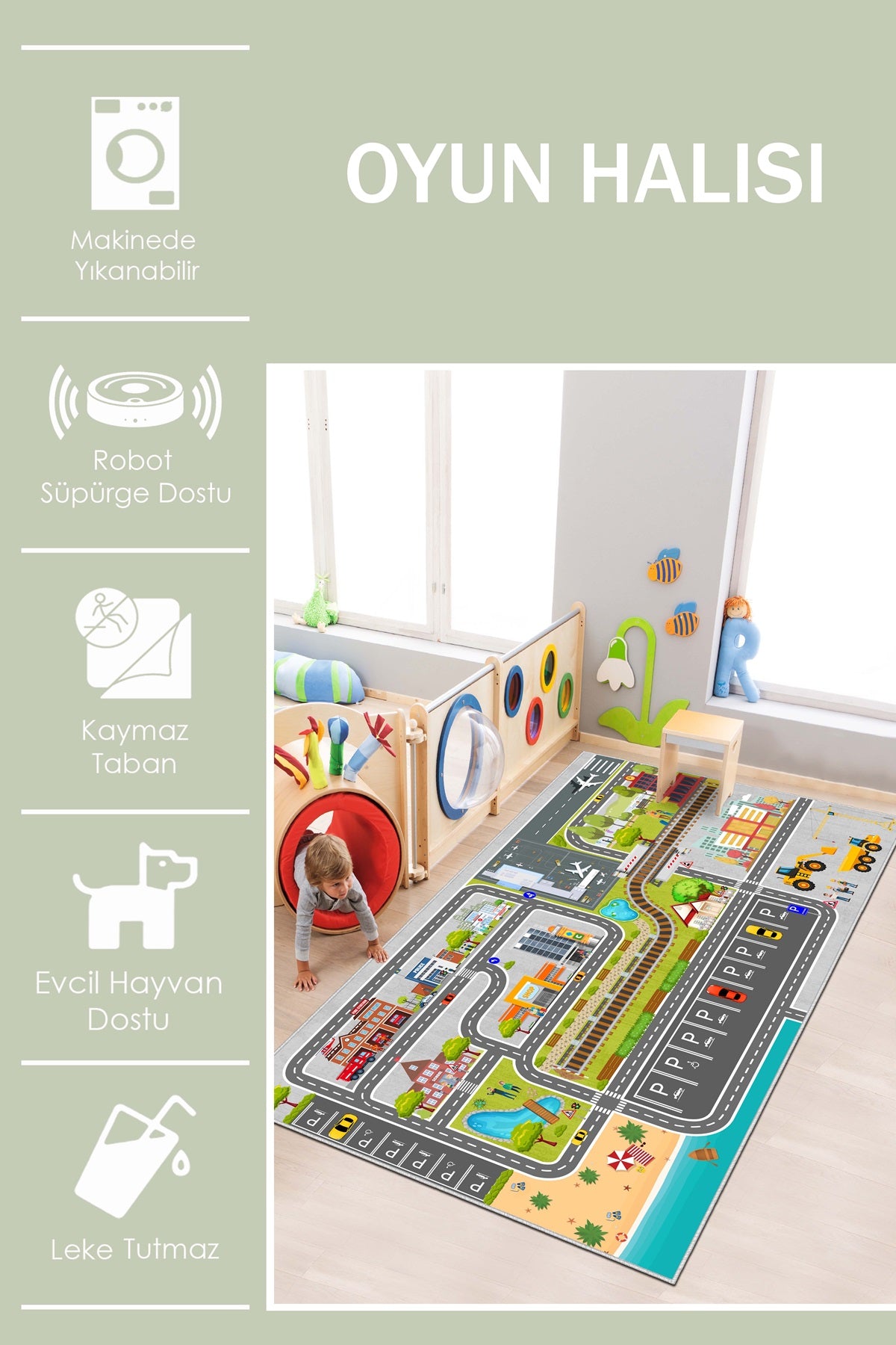 West Home Makinede Yıkanabilir, Çocuk Halısı-655 Grey