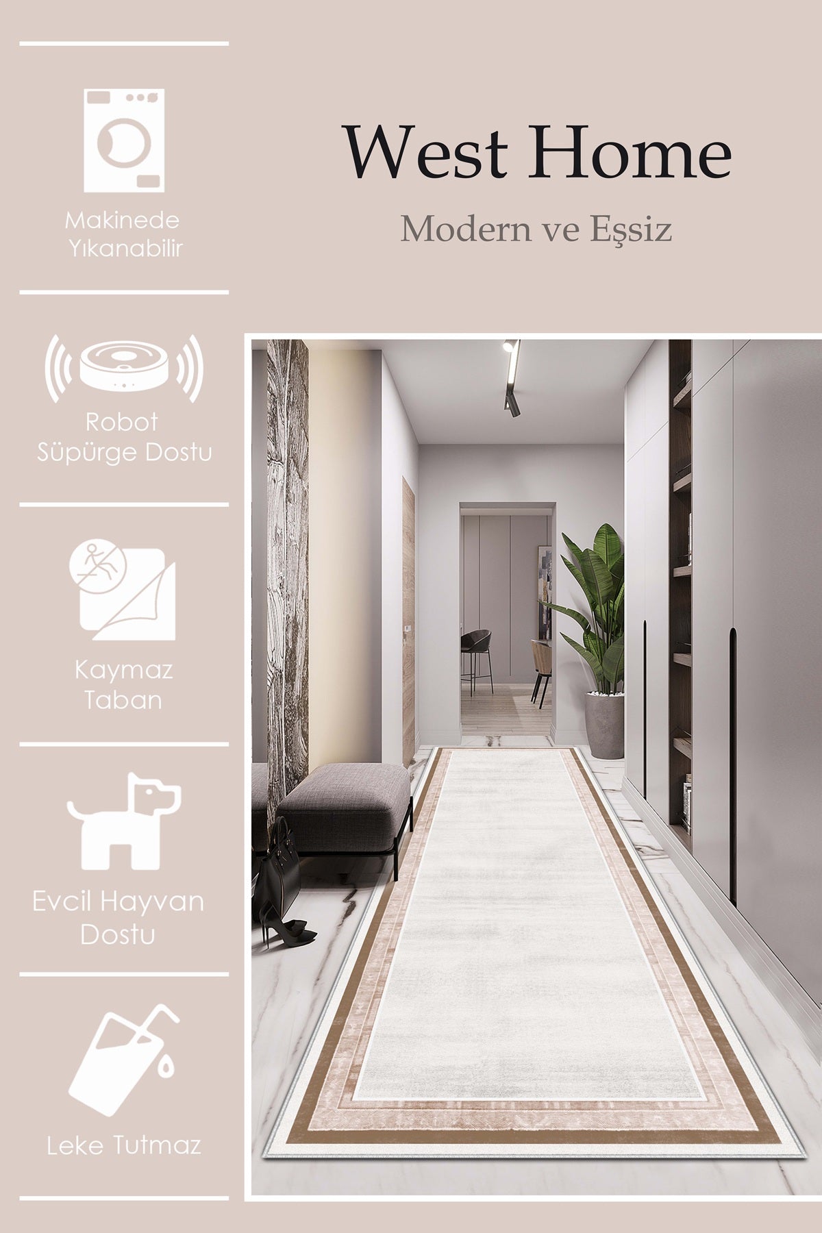 West Home Dijital Baskılı Yıkanabilir Kaymaz Taban Salon, Mutfak ve Yolluk Halısı-660 Sand