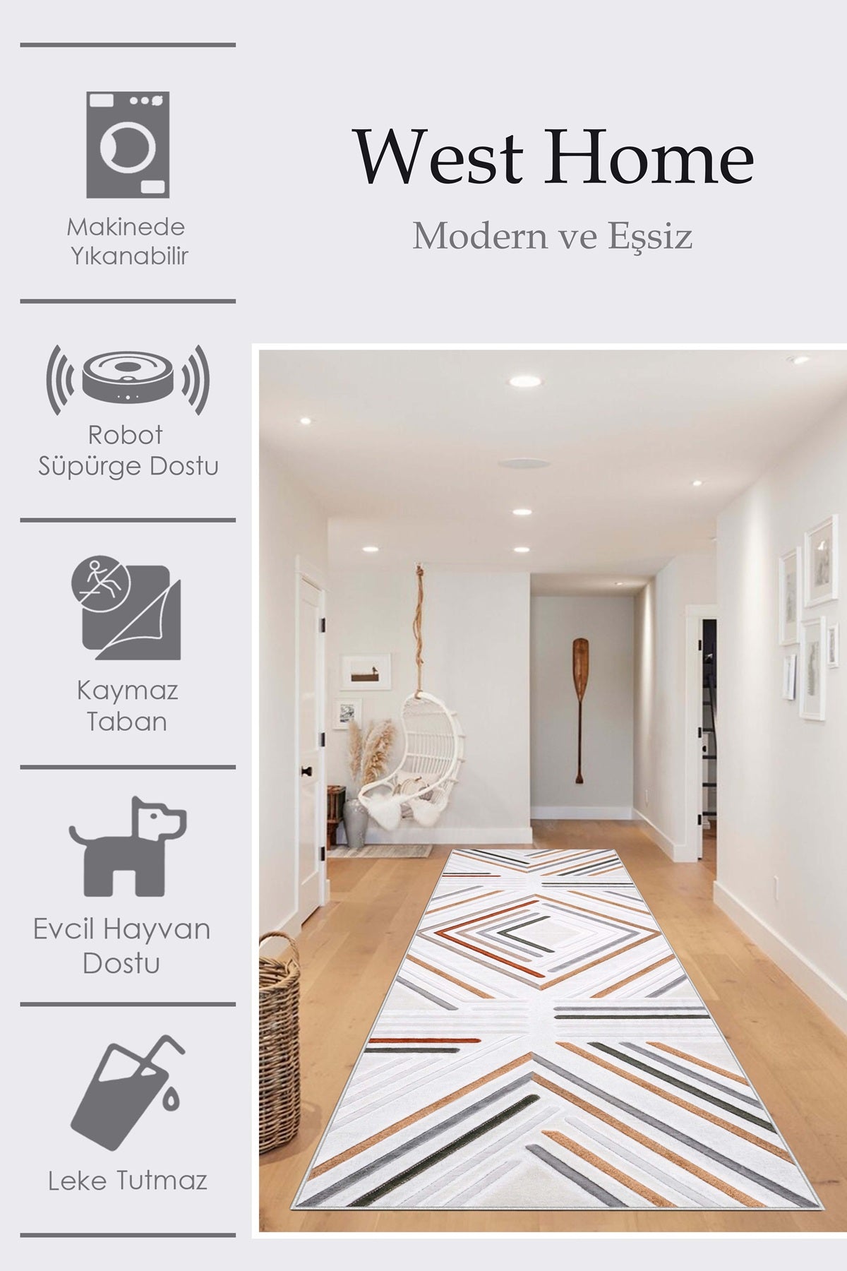 West Home Dijital Baskılı Yıkanabilir Kaymaz Taban Salon, Mutfak ve Yolluk Halısı-662 Multy