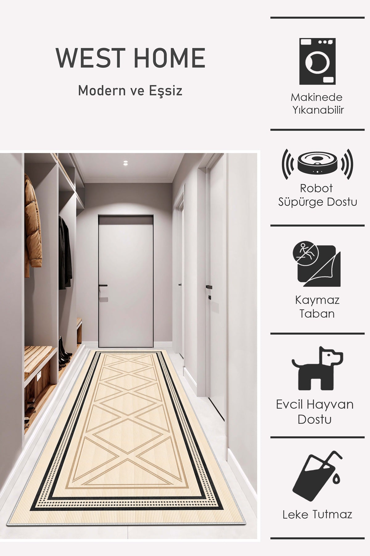 West Home Dijital Baskılı Yıkanabilir Kaymaz Taban Salon, Mutfak ve Yolluk Halısı-663 Beige