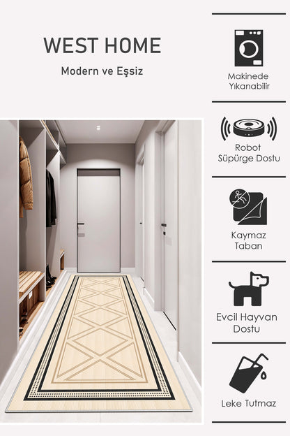 West Home Dijital Baskılı Yıkanabilir Kaymaz Taban Salon, Mutfak ve Yolluk Halısı-663 Beige