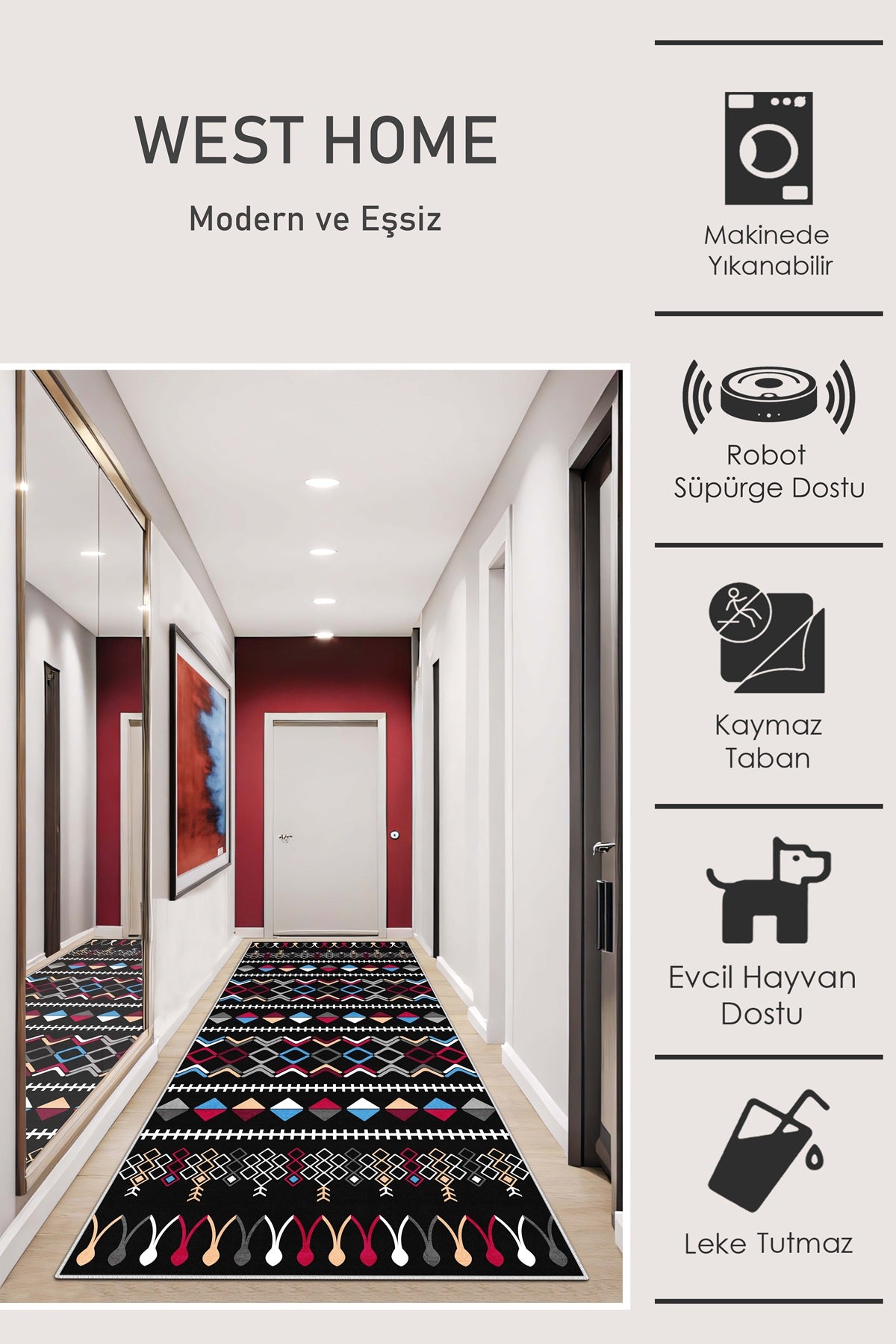 West Home Dijital Baskılı Yıkanabilir Kaymaz Taban Salon, Mutfak ve Yolluk Halısı-667 Multy