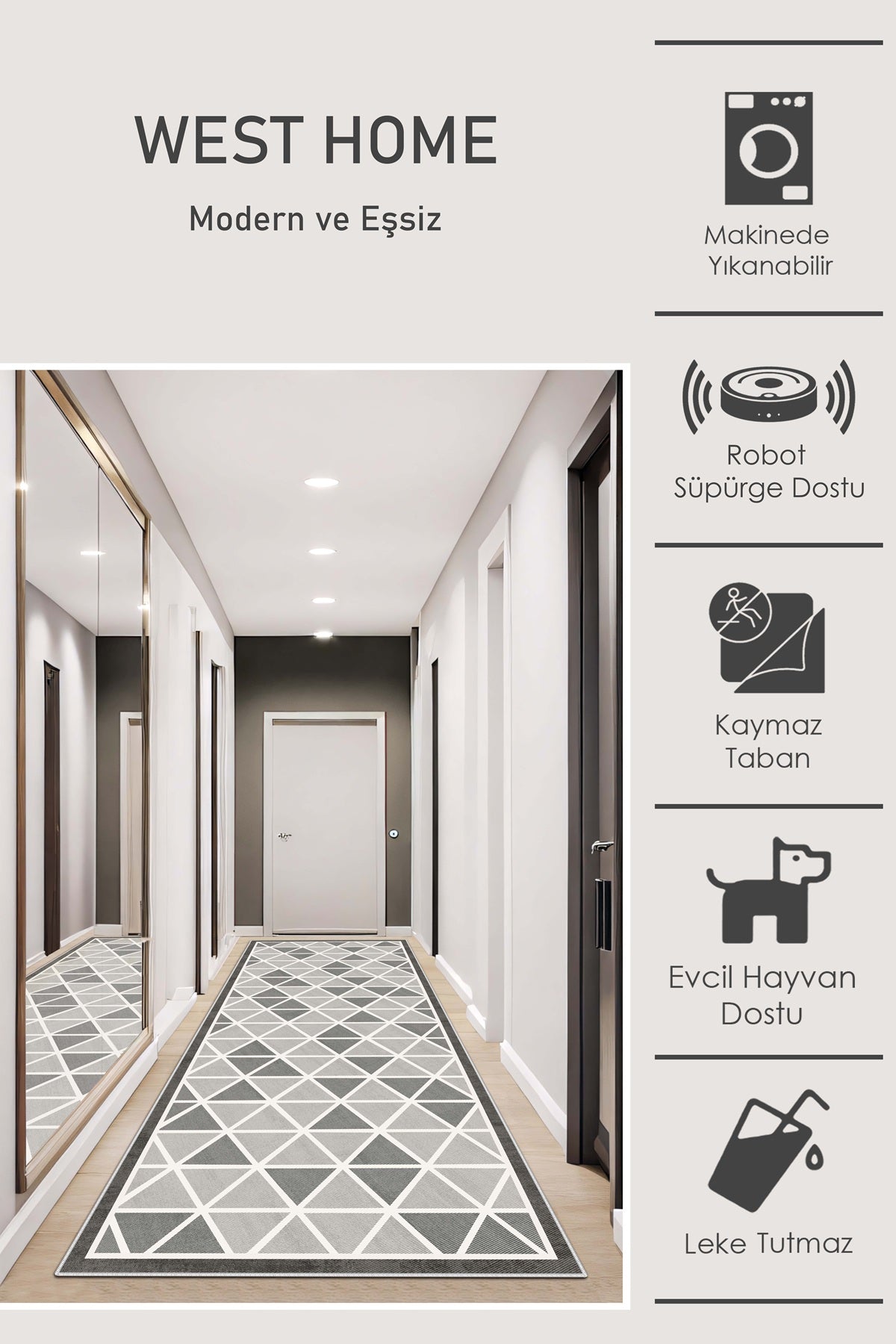West Home Dijital Baskılı Yıkanabilir Kaymaz Taban Salon, Mutfak ve Yolluk Halısı-672 Grey