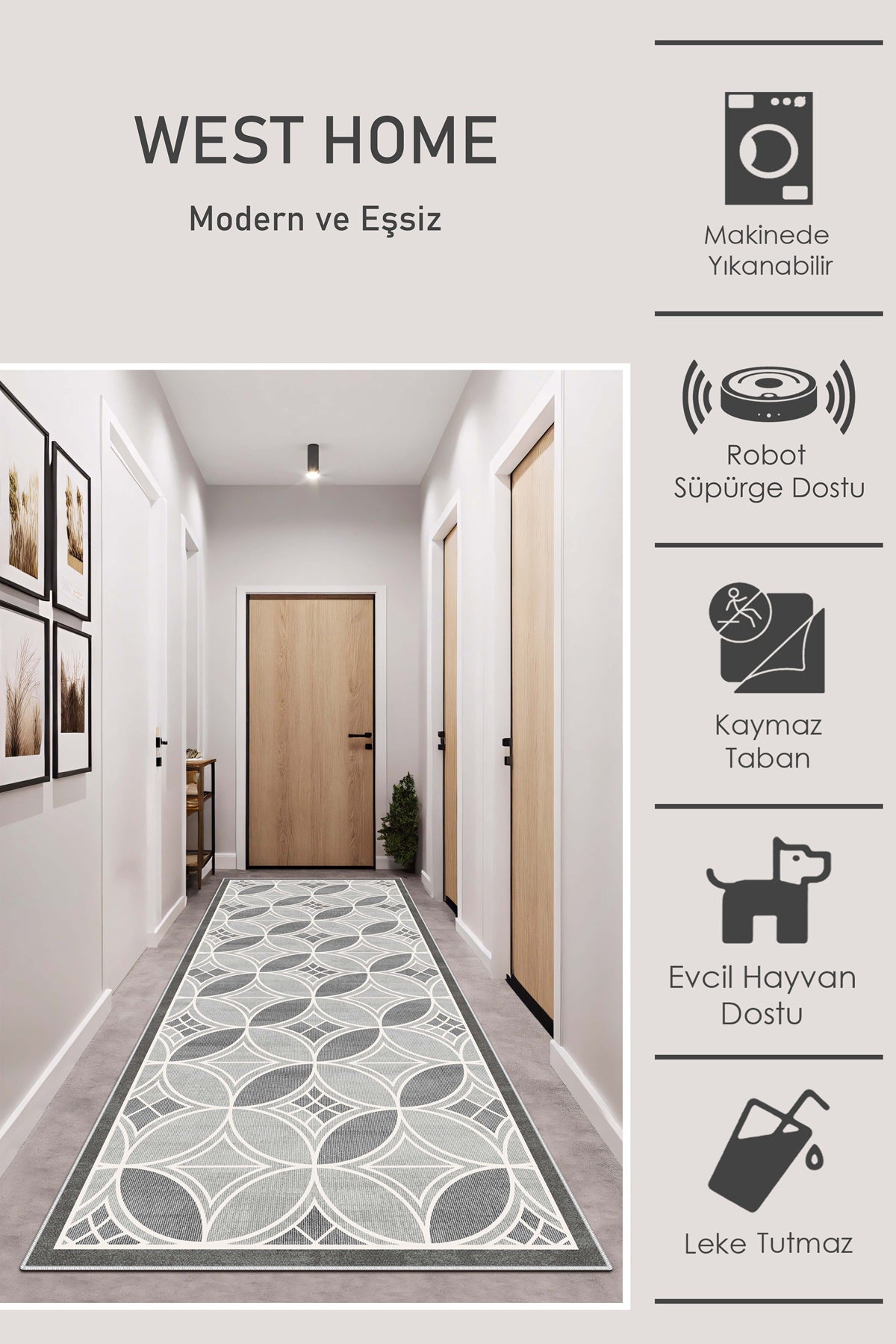 West Home Dijital Baskılı Yıkanabilir Kaymaz Taban Salon, Mutfak ve Yolluk Halısı-673 Grey