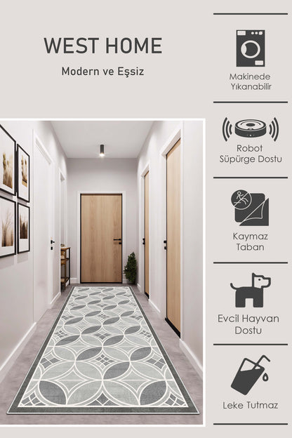 West Home Dijital Baskılı Yıkanabilir Kaymaz Taban Salon, Mutfak ve Yolluk Halısı-673 Grey