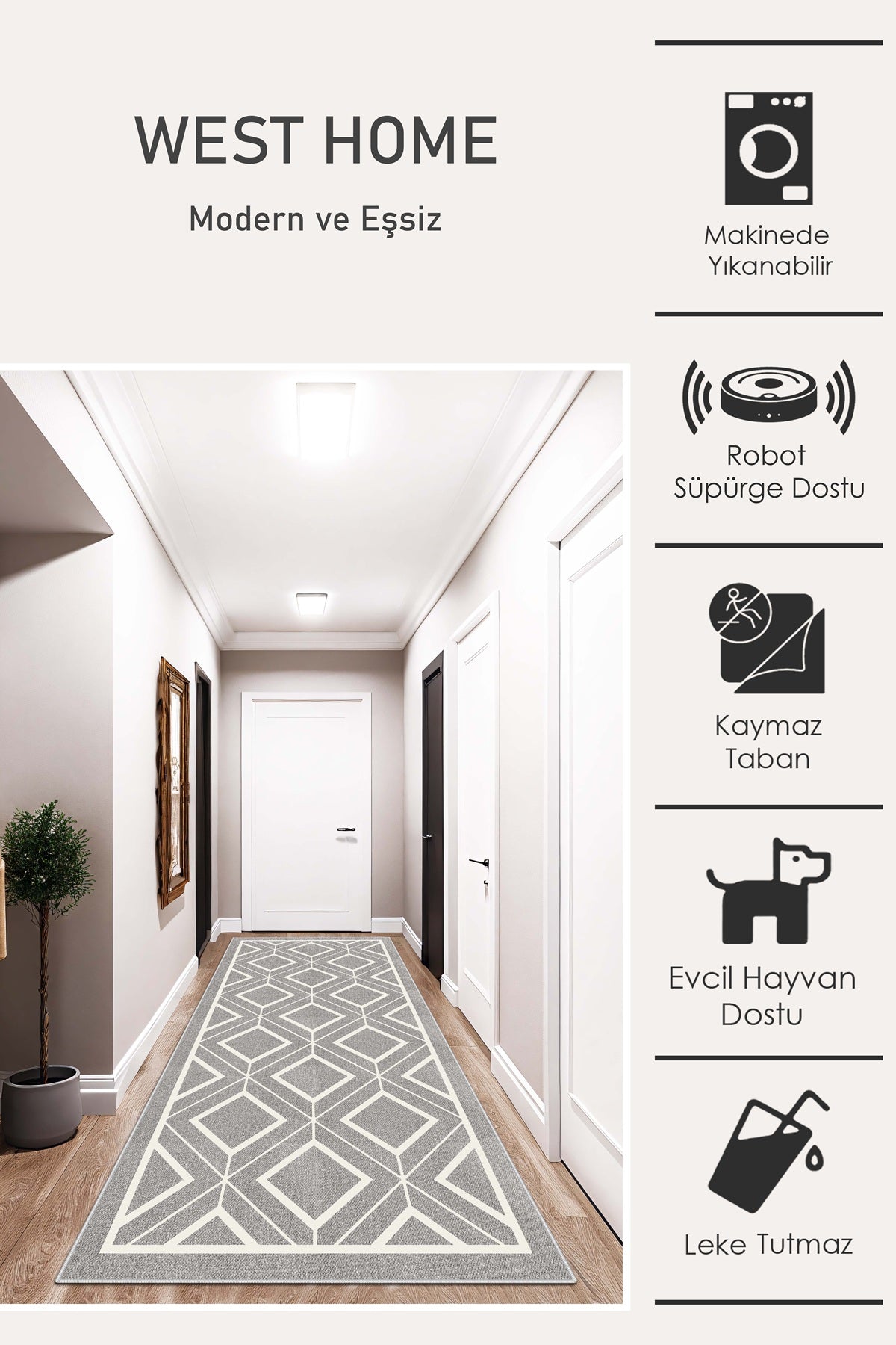 West Home Dijital Baskılı Yıkanabilir Kaymaz Taban Salon, Mutfak ve Yolluk Halısı-674 Grey