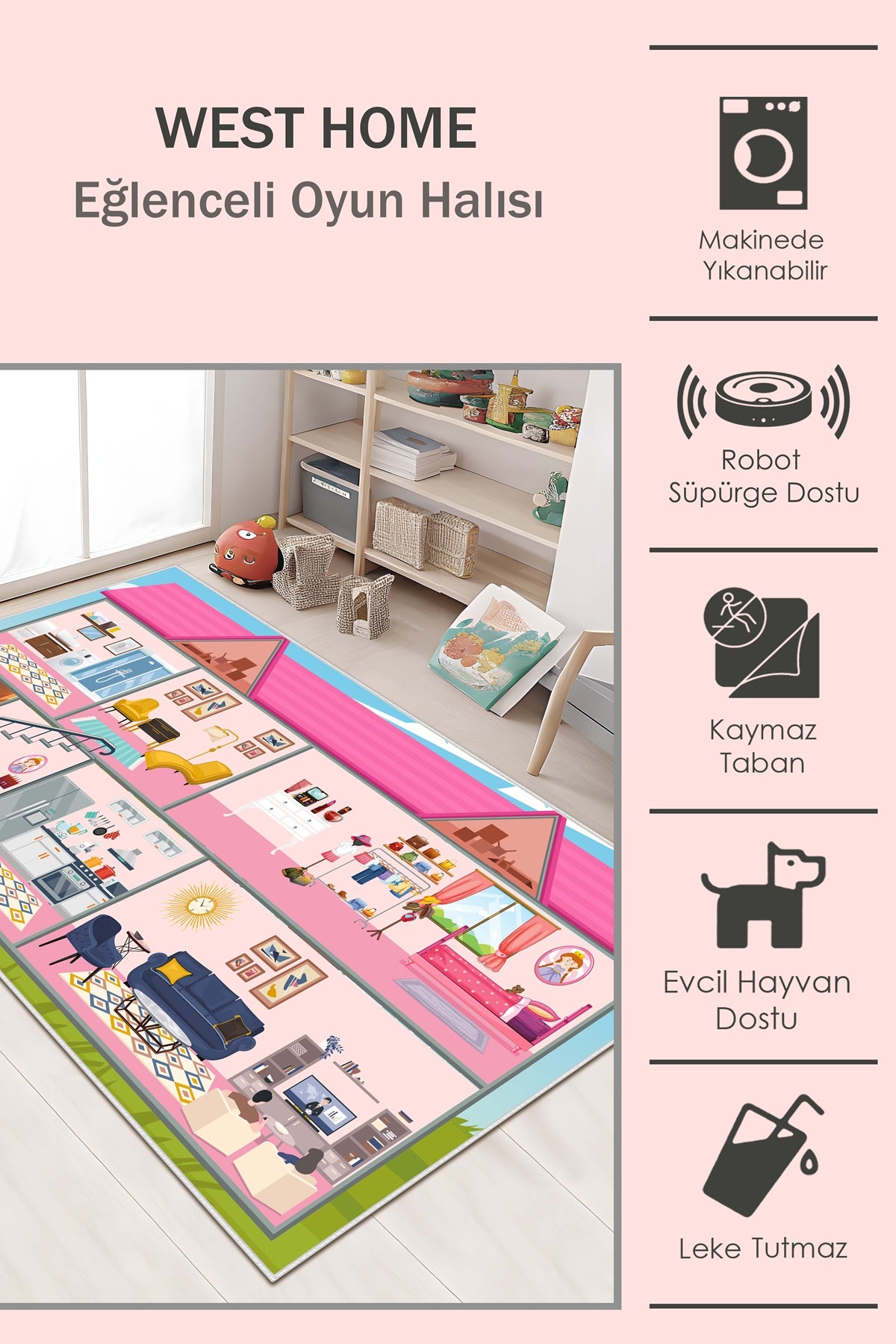 West Home Makinede Yıkanabilir, Çocuk Halısı-688 Rose