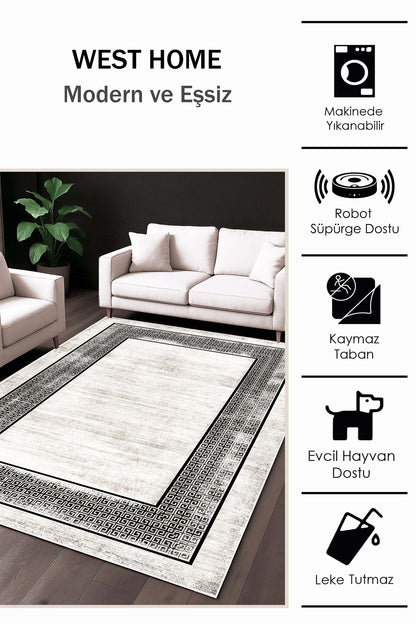 West Home Dijital Baskılı Yıkanabilir Kaymaz Taban Salon, Mutfak ve Yolluk Halısı-693 White