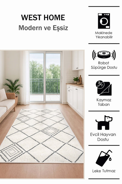 West Home Dijital Baskılı Yıkanabilir Kaymaz Taban Salon, Mutfak ve Yolluk Halısı-698 White