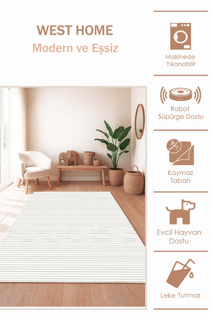 West Home Dijital Baskılı Yıkanabilir Kaymaz Taban Salon, Mutfak ve Yolluk Halısı-702 White