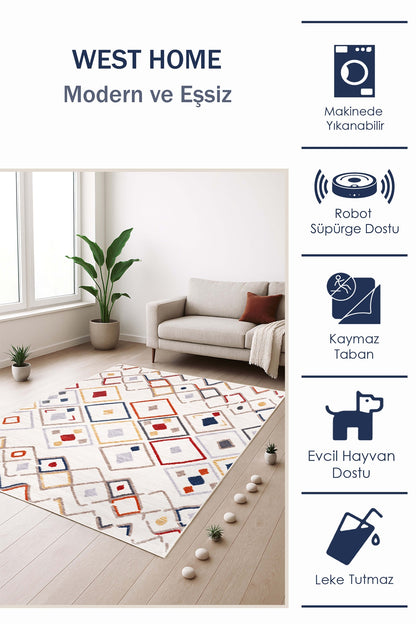 West Home Dijital Baskılı Yıkanabilir Kaymaz Taban Salon, Mutfak ve Yolluk Halısı-709 Multy